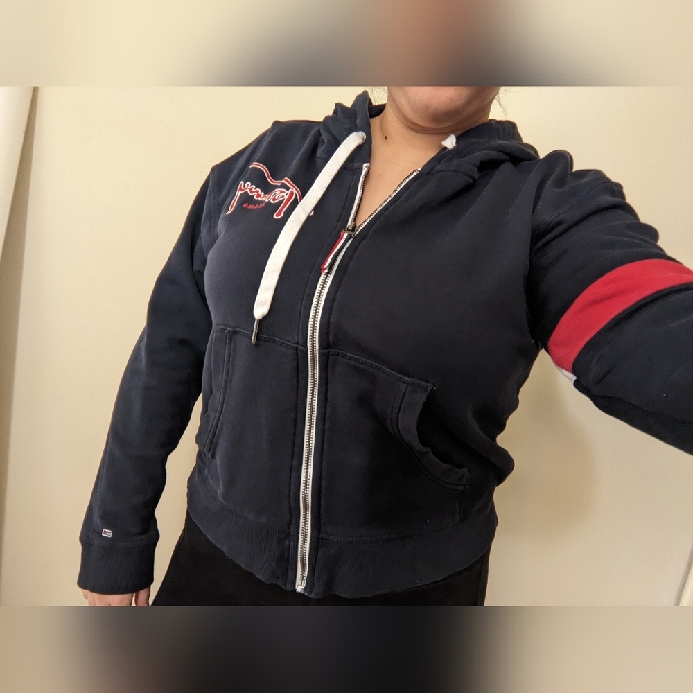 Navy Blue Tommy Jeans Zip Up Sweater with Hood and Red Stripe